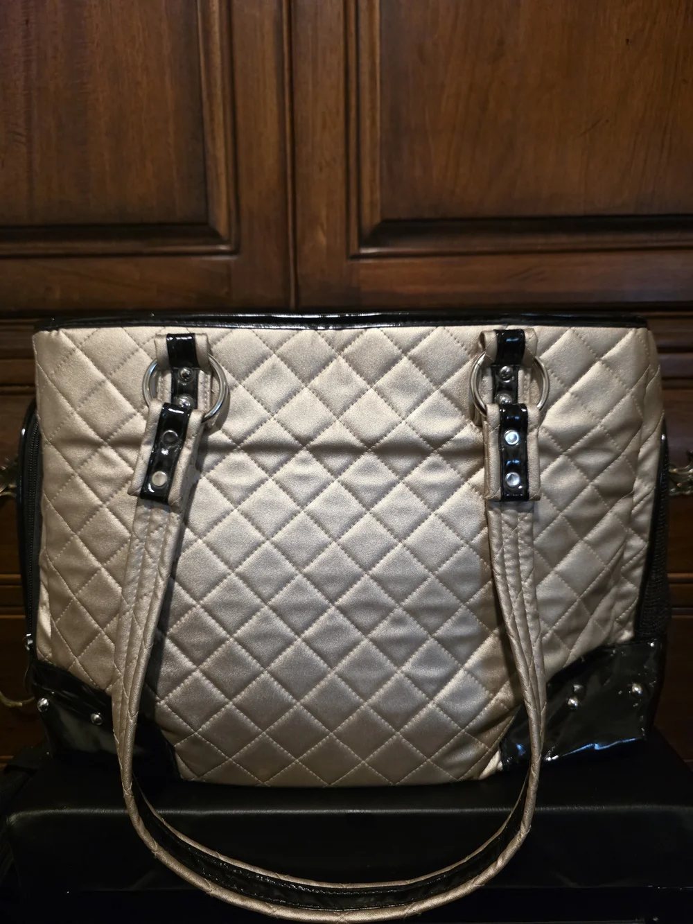 Max Studio Quilted Metallic Beige Tote with Black Trim